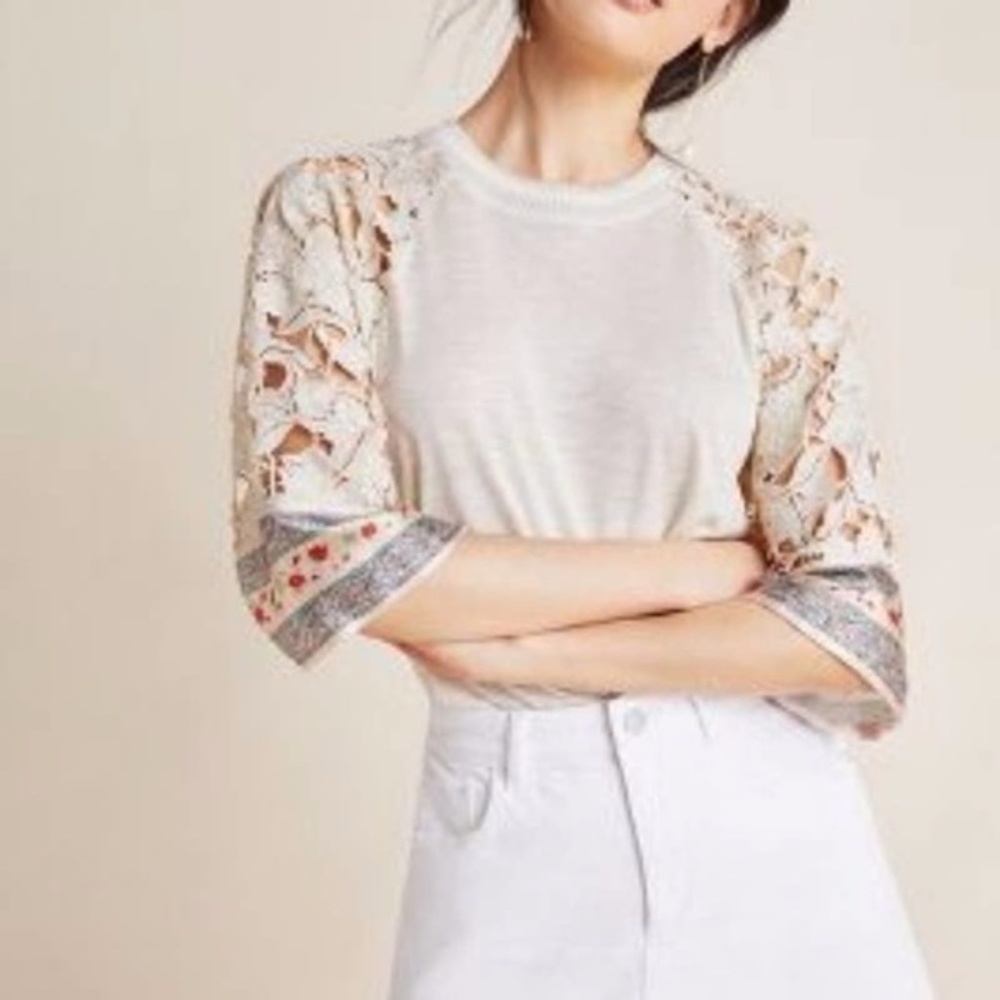 Anthropologie Tiny Flora Lace Sleeve Ivory Shirt L